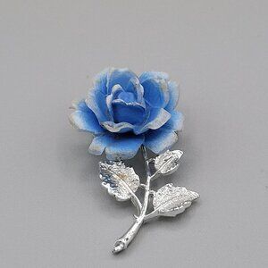 Silver Tone Flower Blue Rose Brooch Molded Lucite Leafy Floral 2"x1"
